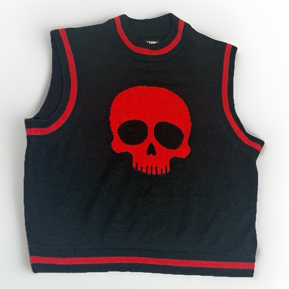 Hot Topic Black & Red Striped Skull on Sweater Vest L Large Halloween Horror - Picture 1 of 5